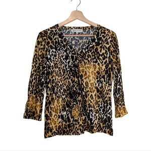 Jones New York women's top Large Leopard print blouse v-neckline ruffle